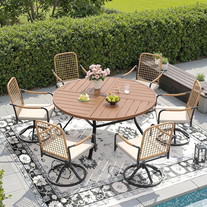 DIFY 7 Pieces Outdoor Dining Set, Metal Patio Table and Chairs Set for 6, 53.1" Round Dining Table with Umbrella Hole & Wicker Swivel Patio Chairs with Cushions, Walnut Tabletop