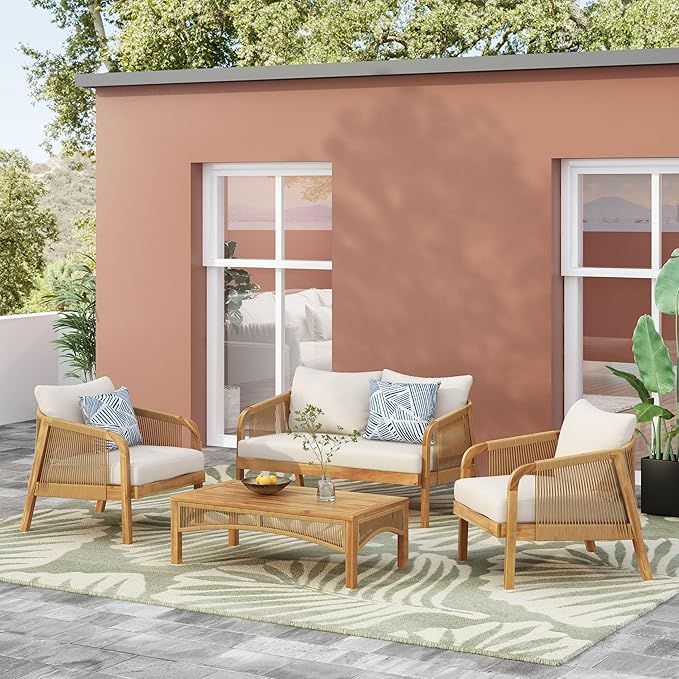 Merax 4-Piece Outdoor Acacia Wood Wicker Patio Conversation Set with Loveseat,2 Chairs and Coffetable,Deep Seating with Soft Cushion