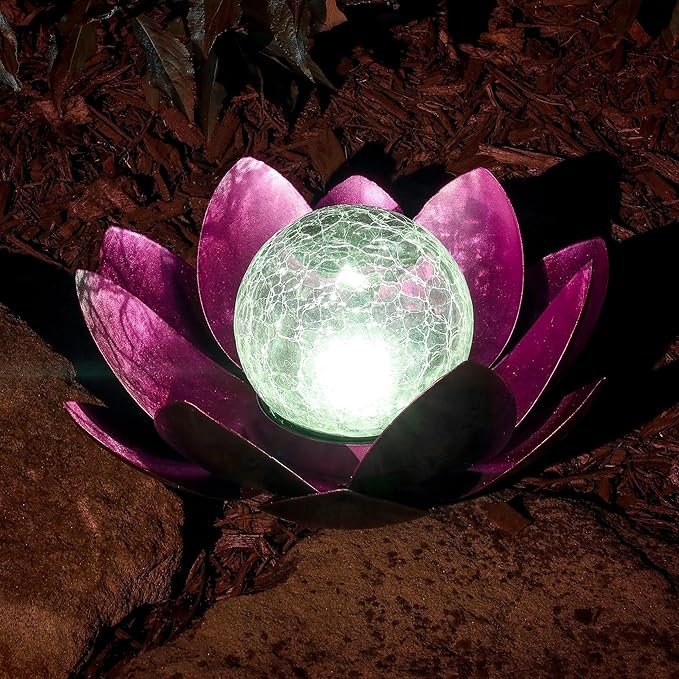MCSLOTUS-V Violet Lotus Flower Solar LED Garden Light with Crackled Glass Globe – Waterproof Metal Outdoor Décor