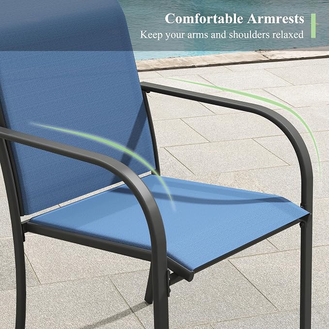 7 Pieces Outdoor Dining Set, Stackable Textilene Paito Chairs & 59.2" Rectangle Dining Table with Umbrella Hole and Shelf, Patio Dining Set for Backyard, Deck, Garden, Dark Blue & Black