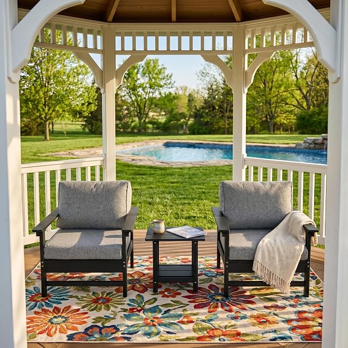 3-Piece Outdoor Patio Furniture Set, HDPE Conversation Bistro Set with 2 Ergonomic Armchairs & Dual-Layer Side Table, Waterproof & UV-Resistant with Cushions for Porch, Garden