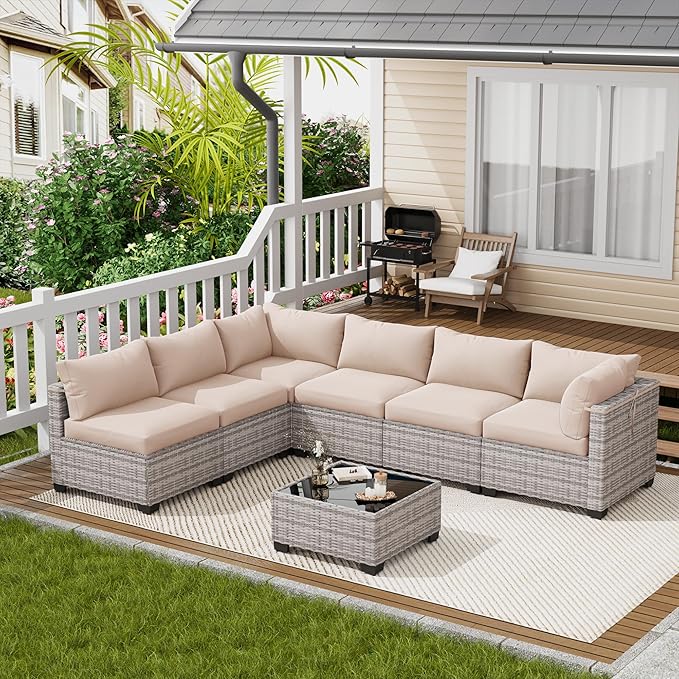 7 Piece Outdoor Patio Furniture Set, Rattan Chairs Glass Table Wicker Conversation Seating Sectional Sofa with Cushions (Grey White-Beige, 7Pcs-Straight Back)