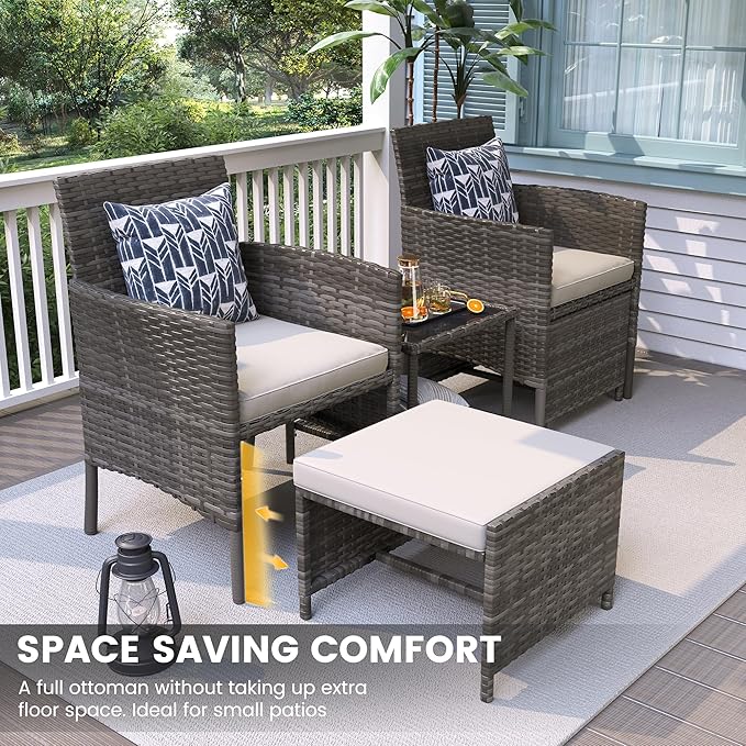 UDPATIO Outdoor Furniture Patio Chairs with Ottoman, Ideal for Balcony, Porch, 5 Piece Patio Furniture Set with Side Table for Deck, Apartment