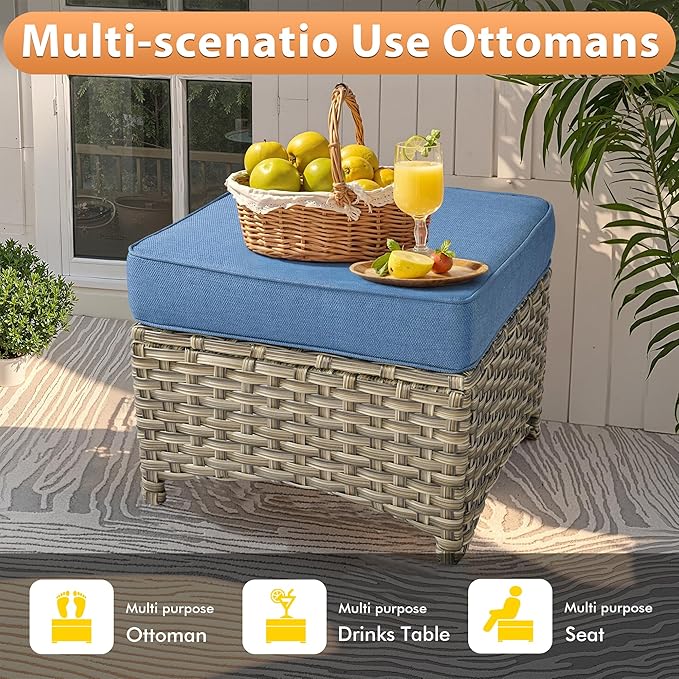 10 PCS Outdoor Patio Furniture Sets, Patio Conversation Sets Outside Rattan Soft Cushion Sofa with 4 Wicker Rocking Chairs & 54 in Fire Pit Table Fit Backyard Garden Poolside Balcony,Diamond Blue