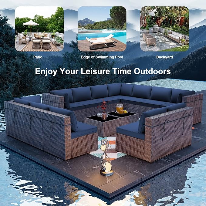ALAULM 14 Pieces Patio Furniture Set Wicker Patio Conversation Set, Outdoor Sectional Furniture w/Coffee Table & Washable Seat Cushions-Dark Blue