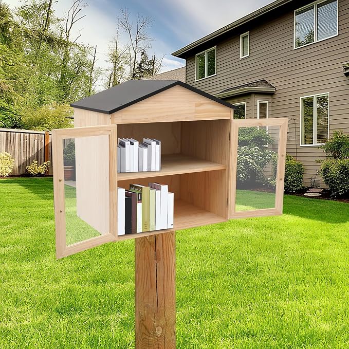 Little Outdoor Library Box, 2-Tier Waterproof Free Library Wooden Cabinet, 20"L x 14"W x 22"H Small Storage Box for DIY, Neighbourhoods, Communities and Kids to Share Books, Magazines, Artworks