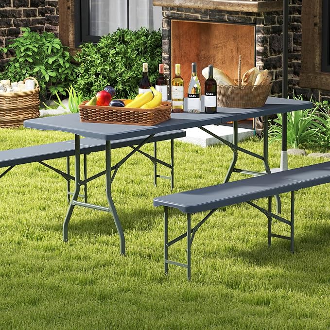 Goplus Folding Table, HDPE Portable Table with 6 ft Long Tabletop, Metal Frame Picnic Camping Table with Safe Lock, Collapsible Dining Table for Camping, Picnic, Party (Gray, 6 FT)
