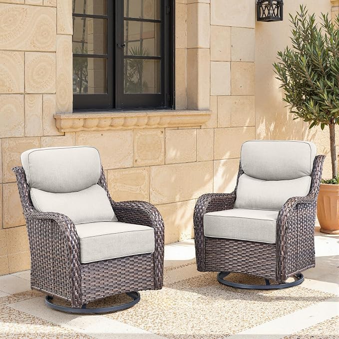 Swivel Patio Chairs sofa Set of 2 with 6" Thick Cushion - Wicker Outdoor Swivel Rocker Patio Chair ,Sofa/Glass coffee table, High Back Comfortable Outdoor Glider Chairs - Brown Wicker | Beige Cushions
