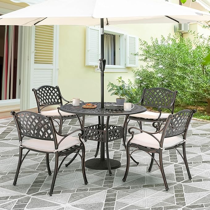 NUU GARDEN 5 Piece Outdoor Patio Dining Set with Beige Cushions, Cast Aluminum Round Dining Table with Umbrella Hole and Patio Dining Chairs for Garden, Balcony, Black with Bronze Edge