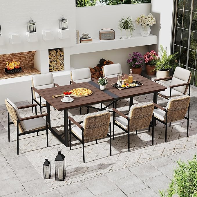 HAPPATIO Outdoor Acacia Wood Dining Table, 8-Person Patio Dining Table with Powder-Coated Aluminum Frame, Rectangle Outdoor Dining Table with Umbrella Hole for Deck Yard Garden