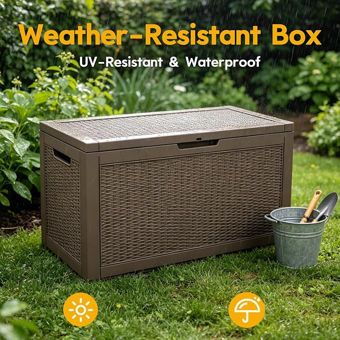 LAUSAINT HOME 100 Gallon Resin Deck Box for Outdoor Storage, Extra Large Waterproof Patio Storage Bench for Cushions and Garden Tools, Lockable Toy Box for Porch and Deck (Light Brown)