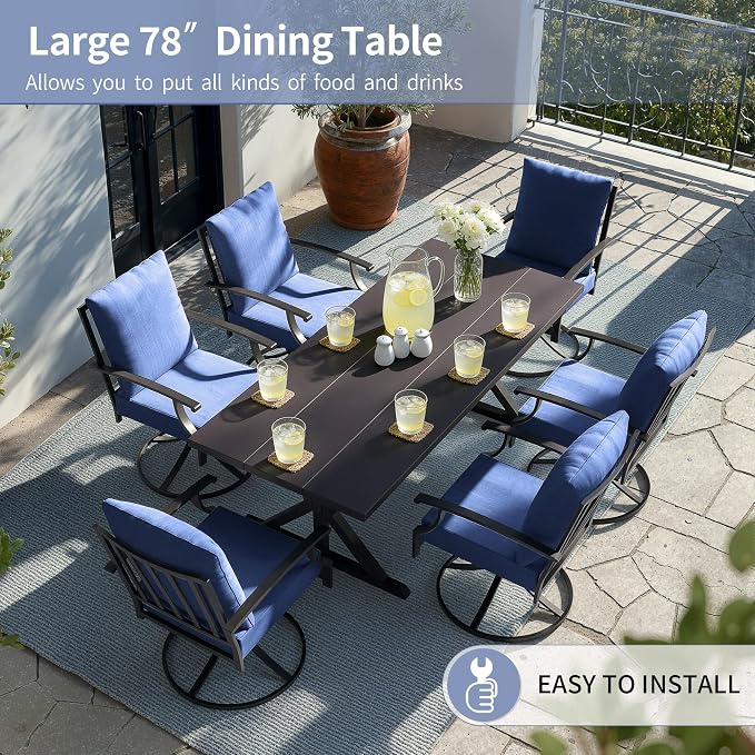 Kullavik 7 Pieces Outdoor Dining Set,Patio Dining Table and Chairs Set for 6,Fence Pattern Back Swivel Chairs with Thickened Cushions & X-Frame Metal Dining Table with Umbrella Hole for Patio,NavyBlue