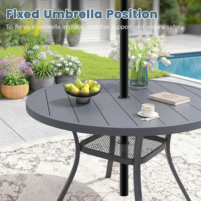 DIFY Outdoor Dining Set for 4, 5 Piece Patio Table and Chairs Set, Swivel Patio Dining Chairs with Textilene Fabric & 47.2" Round Metal Dining Table with Umbrella Hole, for Garden Backyard Deck, Grey