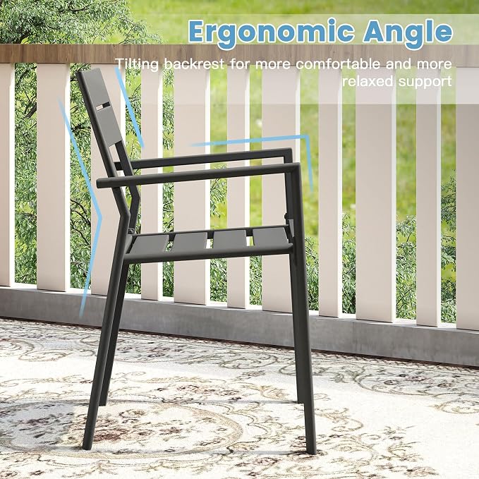 DIFY 7 Piece Outdoor Patio Dining Set for 6, Patio Table and Chairs Set with Umbrella Hole, 50" Round Dining Table and Stackable Metal Chairs for Backyard Garden Poolside, Grey Wood-Like & Grey