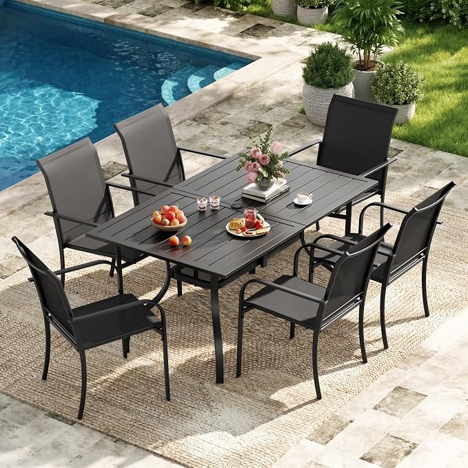 Incbruce 7 Pieces Outdoor Dining Set, Patio Metal Dining Set of 6 Textilene Chairs and Rectangle Table with Umbrella Hole for Lawn, Garden, Porch and Backyard (Black)