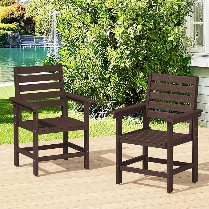 Outdoor Dining Chairs Set of 2, All Weather HDPS Patio Dining Chairs, Heavy Duty Outdoor Chair with Armrest for Backyard Deck Porch, Coffee Brown