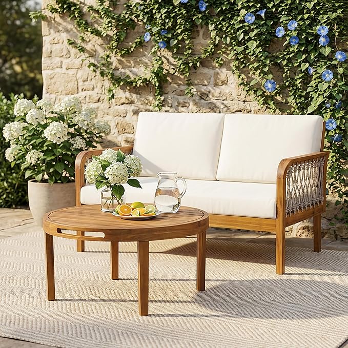 Merax 4-Piece Outdoor Acacia Wood Patio Conversation Set, 2 Club Chairs + Loveseat & Coffee Table with Handwoven Rope & Cushions, Furniture Set for Garden, Balcony, Poolside, Teak