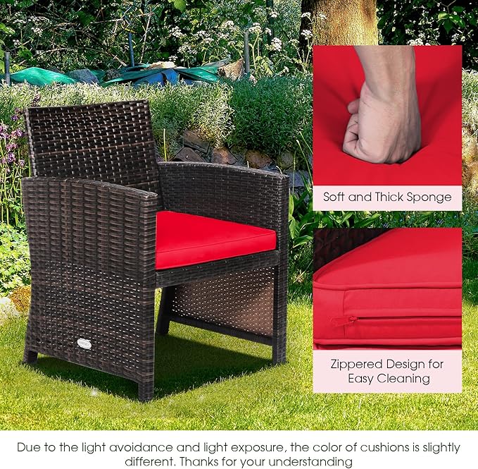 Tangkula 3 Pieces Outdoor Wicker Conversation Set with Waterproof Cover, 2 Patio PE Rattan Cushioned Chairs with Side Storage Table, Suitable for Front Porch, Balcony, Garden, Poolside and Yard (Red)