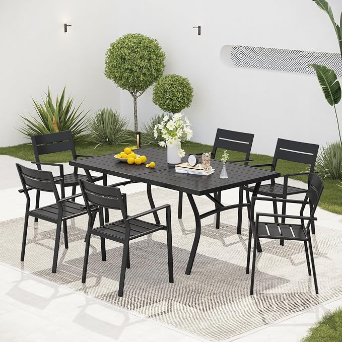 VICLLAX 70.9" Patio Dining Table, Outdoor Rectangular Metal Table for 8 with Umbrella Hole for Porch Backyard Garden Deck, Black