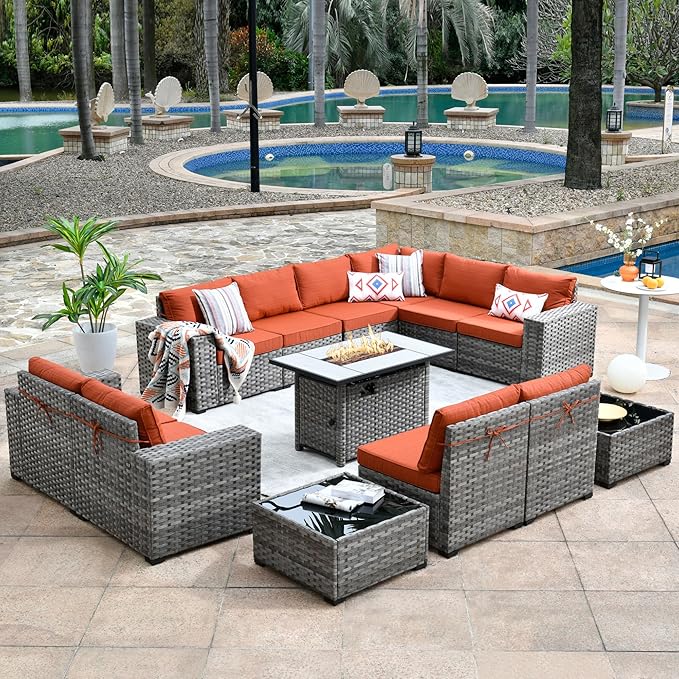 HOOOWOOO Outdoor Patio Sectional Furniture Sofa Set with Propane Fire Pit Table,13 Piece Large Modern Wicker Couch with Widened Armrest,Modular L Shaped Conversation Seating Set(Orange Red)