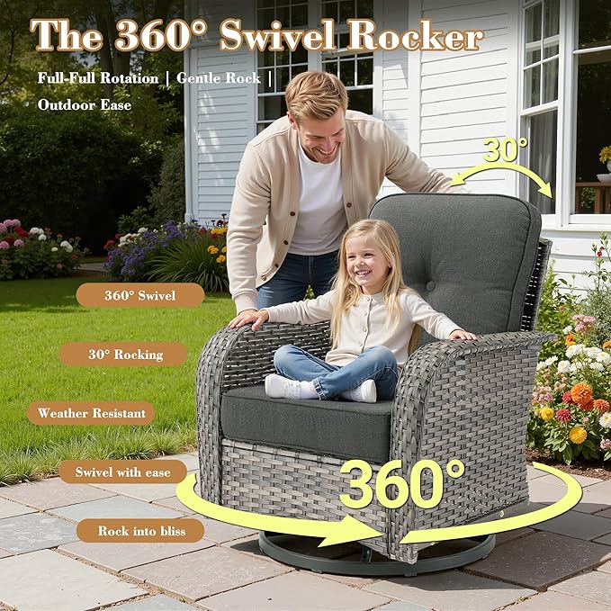 3 Pieces Patio Furniture Set, All-Weather Rattan Wicker Outdoor Furniture with Swivel Rocking Chairs and Side Table, High Back Conversation Set for Porch, Backyard, Balcony, Black