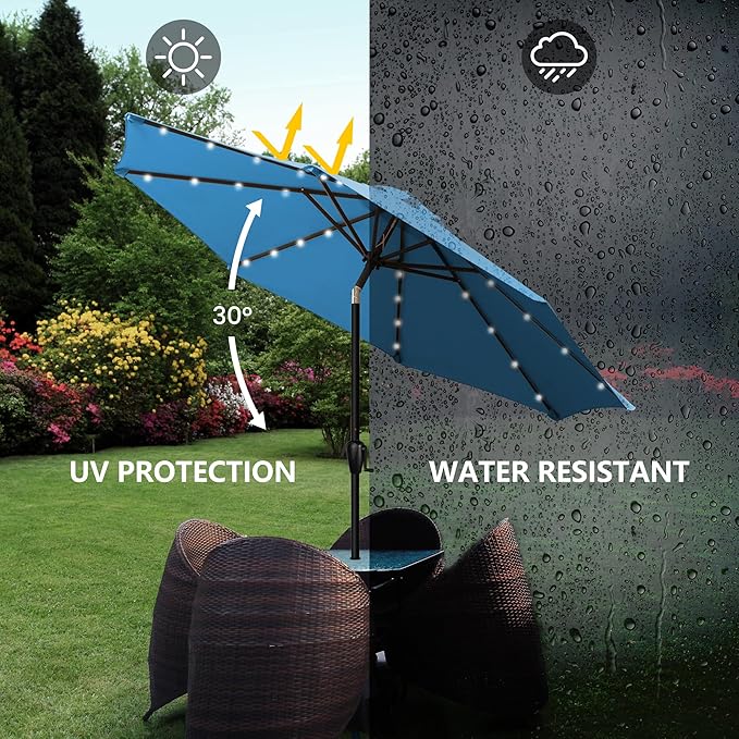 9' Round Patio Umbrella with 32 Solar Powered LED Lights, Push-Button Tilt and Hand Crank Lift, Solar Umbrella in Teal for Porch, Deck, and Patio by Sun-Ray