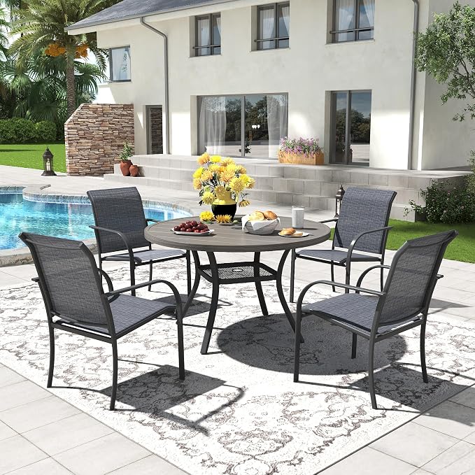 5 Pieces Patio Dining Set, 41" Round Dining Table with Umbrella Hole, 4 Stackable Textilene Fabric Chairs, Metal Structure for Patio, Porch, Garden(Grey Table, Grey Chair)
