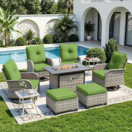 9-Piece Small Patio Furniture Set, Outdoor Swivel Rocking Chairs Set with 55,000 BTU Fire Pit Table Wicker Chairs and Ottomans, Patio Bistro Set for Balcony, Deck, Porch, Grass Green