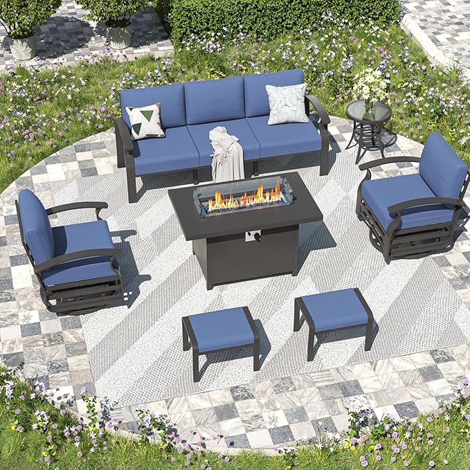 Kullavik Aluminum Patio Furniture Set with Propane Fire Pit Table,7-seat Metal Outdoor Furniture w/Swivel Chairs, Patio Sectional Sofas w/2 Ottomans for Porch,Backyard,Poolside-Navy Blue