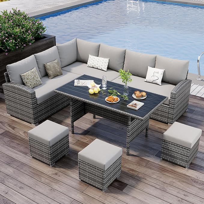 7 Piece Patio Furniture Set, Outdoor Modern Patio Conversation Set, PE Wicker with Glass Coffee Table for Backyard, Garden, Pool Decks, Light Grey