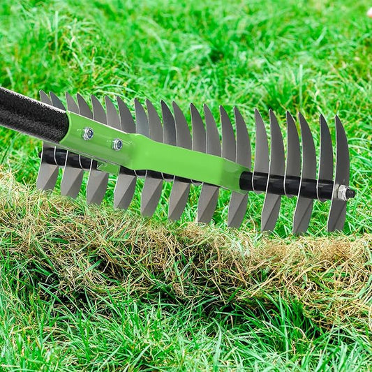 65" Thatch Rake & Garden Rake– 13" Narrow Dual-Sided Sharp Steel Tines, Adjustable Handle, Lightweight & Reversible Head for Precision Lawn Care, Debris Removal and Soil Leveling