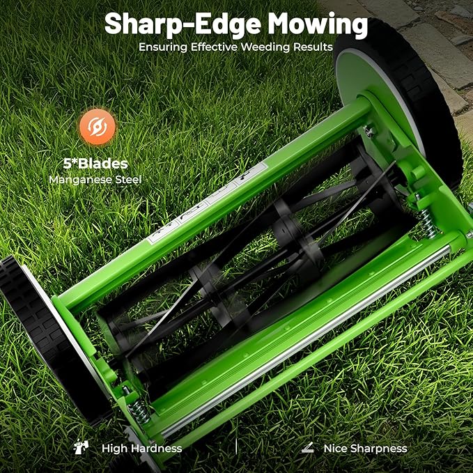 Push Reel Lawn Mower 16 inch, 5 Blades Manual Push Mower with Grass Catcher Bag, 1.34-2.52 in Adjustable Cutting Height for Small Medium Lawns, Yards, Driveways