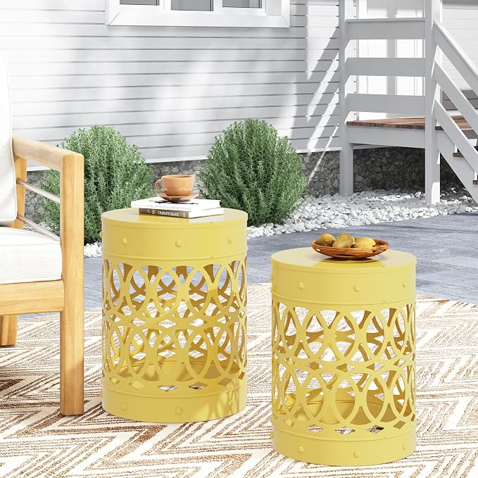 Set of 2 Yellow Metal Outdoor Side Tables, Round Patio End Tables, Weather Resistant Accent Stools, Geometric Cutout Design, Indoor & Outdoor Decorative Tables for Garden, Balcony, Living Room