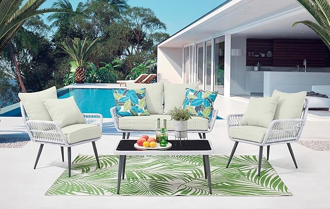 Manhattan Comfort Portofino 4-Piece Patio Conversation Set, Rope Wicker Design with Waterproof Cushions | Outdoor Furniture Includes 2 Armchairs, Loveseat & Coffee Table with Tempered Glass Top, Cream