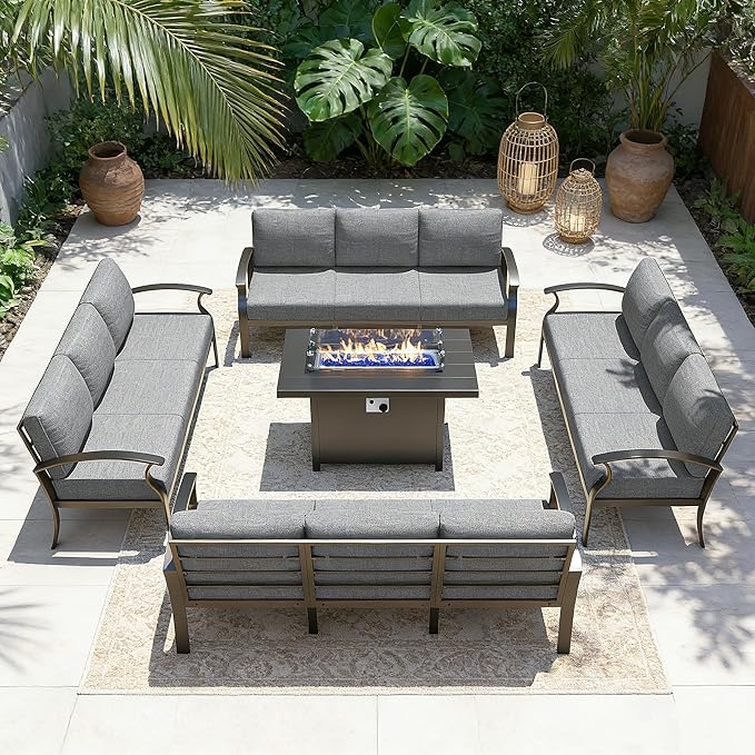 Gotland Aluminum Patio Furniture Set with Fire Pit Table, Metal Patio Furniture with 12 Seats Waterproof 5.1'' Seat Cushions, Oversized Outdoor Sectional Conversation Sets for Balcony Porch Grey