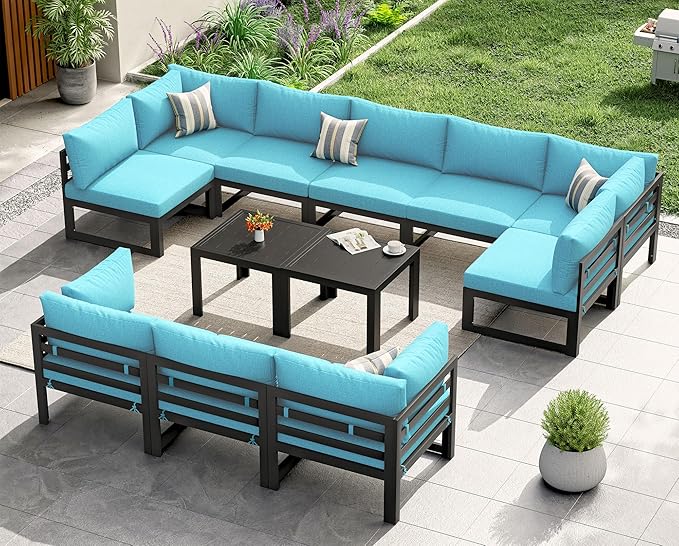 NICESOUL 10 Person Modern Aluminum Outdoor Patio Furniture Set with Side Table, 29" Wide Deep Seating, L Shaped Water Resistant Modular Sectional Couch, Oversized Conversation Set for Poolside, Teal