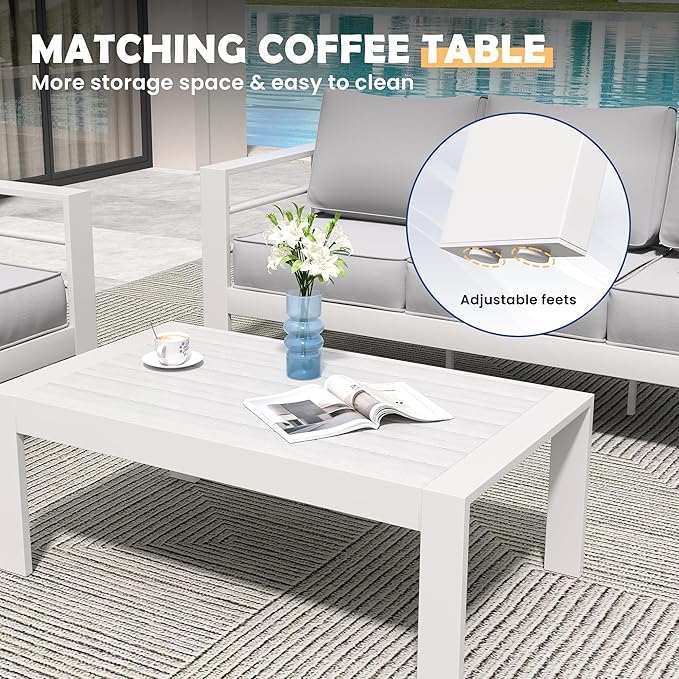 Amopatio Aluminum Patio Furniture Set, 8 Pieces Modern Patio Conversation Sets, Outdoor Sectional Metal Sofa with Coffee Table for Balcony, Garden, White (Included Waterproof Covers)