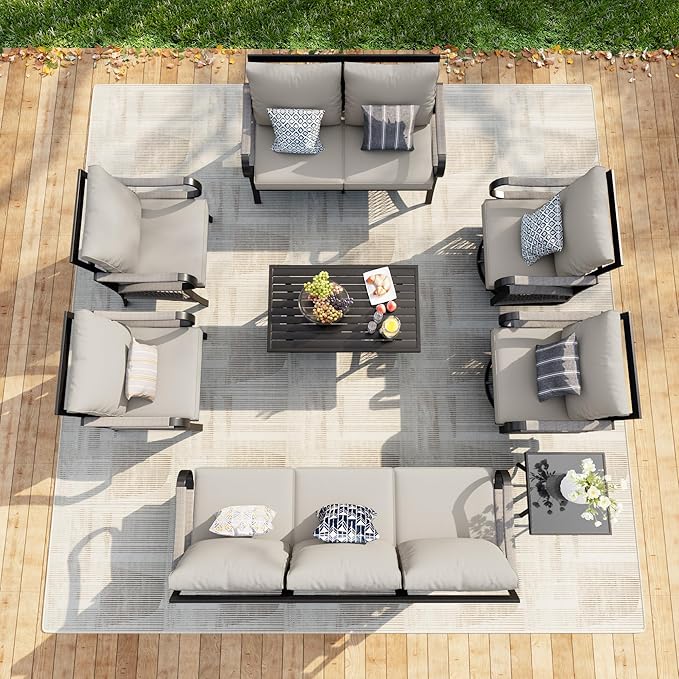 8 Pieces Outdoor Patio Conversation Sets, Rope Outdoor Furniture Set Metal 3-Seater Couch, 2 Swivel Rockers with Side Table and 2 Single Chairs, Loveseat Sofa with Coffee Table for Backyard, Beige