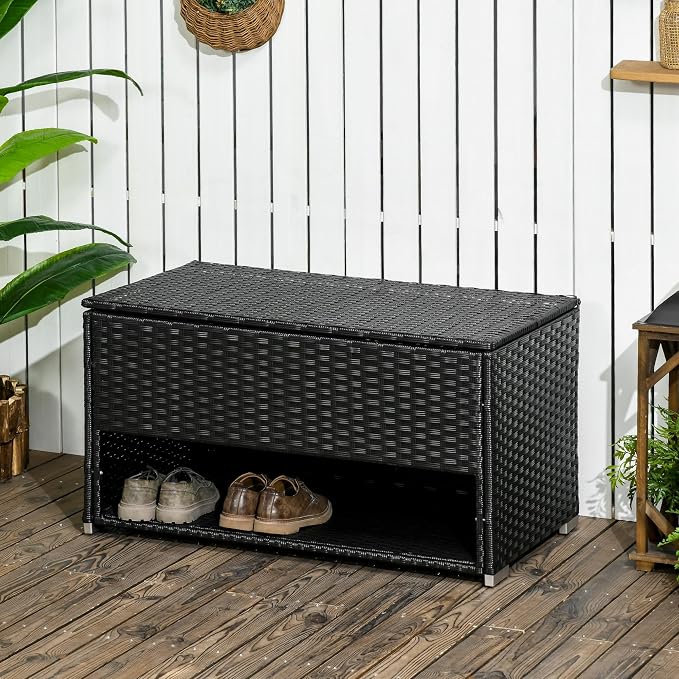 Outdoor Deck Box Shoe Storage, PE Rattan Wicker Towel Rack with Liner for Indoor, Outdoor, Patio Furniture Cushions, Pool, Toys, Garden Tools, Black