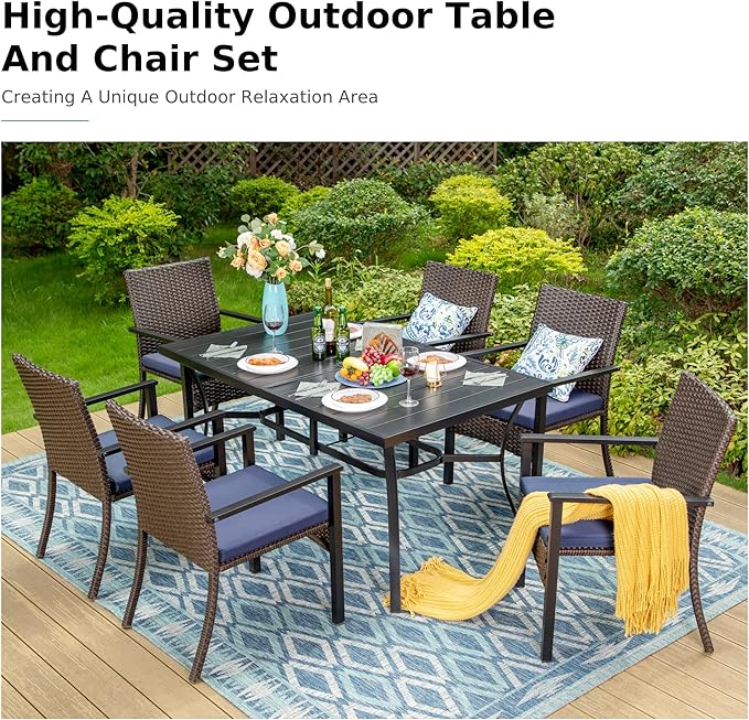 MFSTUDIO 7 Piece Patio Dining Table for 6, 59'' Rectangular Metal Table & Wicker Chairs, Outdoor Rattan Dining Furniture with Umbrella Hole, Deck, Porch