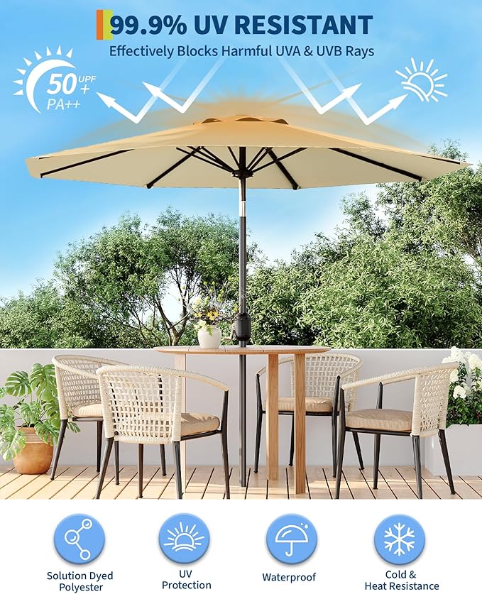 GarveeLife 9 ft Outdoor Patio Umbrella, Outdoor Table Umbrella, Market Umbrella with Push Button Tilt and Crank, 8 Sturdy Ribs UV Protection Waterproof for Garden, Deck, Backyard, Pool (Beige)
