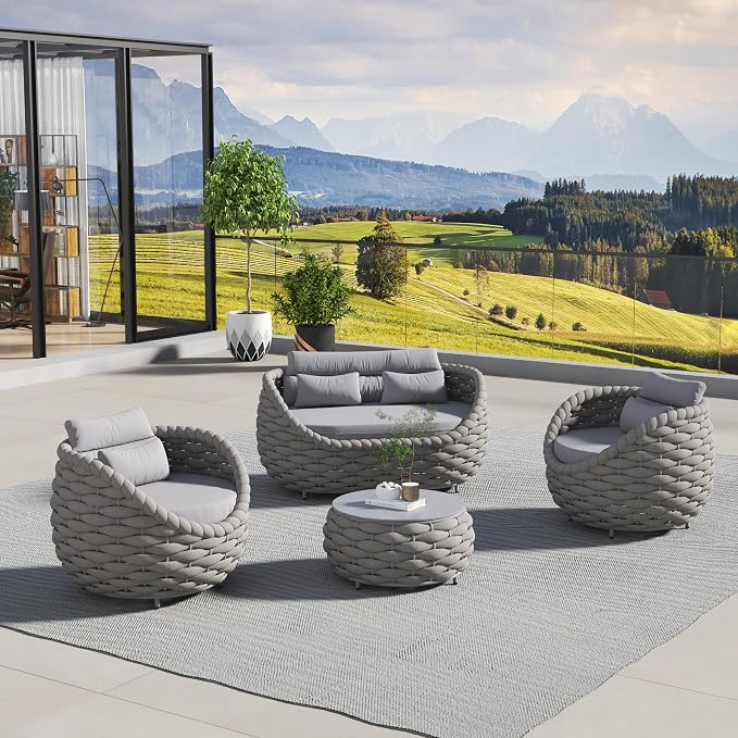 4 Pieces Set Aluminum Outdoor&Indoor Sofa, Modern Patio Furniture Set Conversation Set with Soft Cushion and Coffee Table for Balcony Garden，Grey