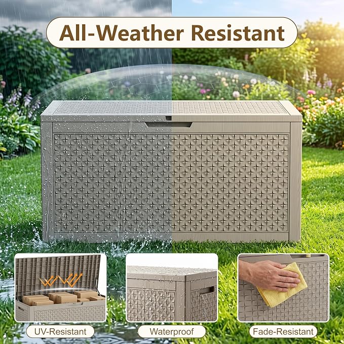 140 Gallon Outdoor Storage Box, Large Resin Deck Box, Waterproof Lockable Storage Container, Storage Bins with Lids for Patio furniture, Garden Tools, Grey