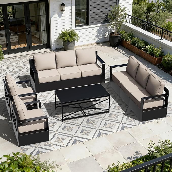 Outdoor Aluminum Furniture Set, 4-Piece Patio Conversation Set, 2 Chairs, 2 Sofa and 1 Table, All-Weather Metal Frame, 6" Thick Removable Cushions, Deep Setting for Garden, Poolside and Porch