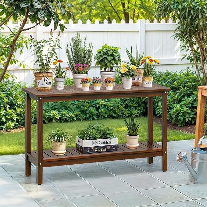 ZenStyle Solid Wood 48in 2-Shelf Console Table, Indoor Outdoor Accent Plant Table Storage Organizer w/Foot Sliders for Patio, Deck, Porch, Garden (Espresso)