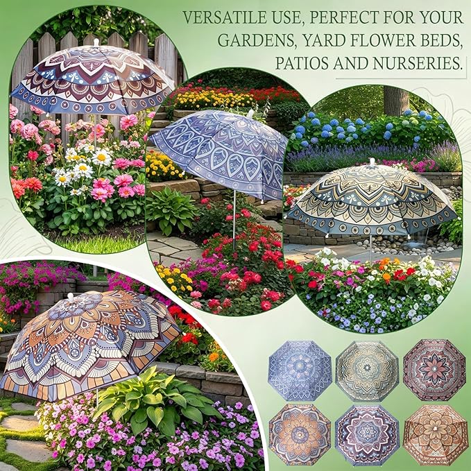Hillban 6 Pack Plant Shade Umbrellas for Outdoor Plants 23.6" Large Garden Umbrella Shade for Potted Flower with Adjustable 40" H Sunshade Cover for Patio Garden Bed Flowers(Mandala)