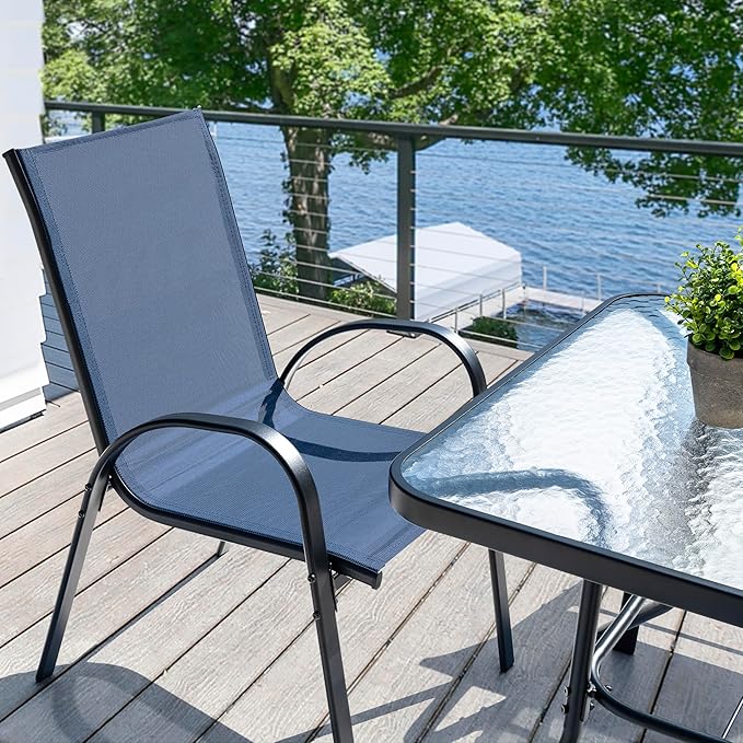 NUU GARDEN 5 Piece Patio Dining Set, Metal Outdoor Table with 31.5" Square Table and Umbrella Hole, 4 Stackable Chairs, Patio Furniture for Lawn Balcony Garden, Blue and Black