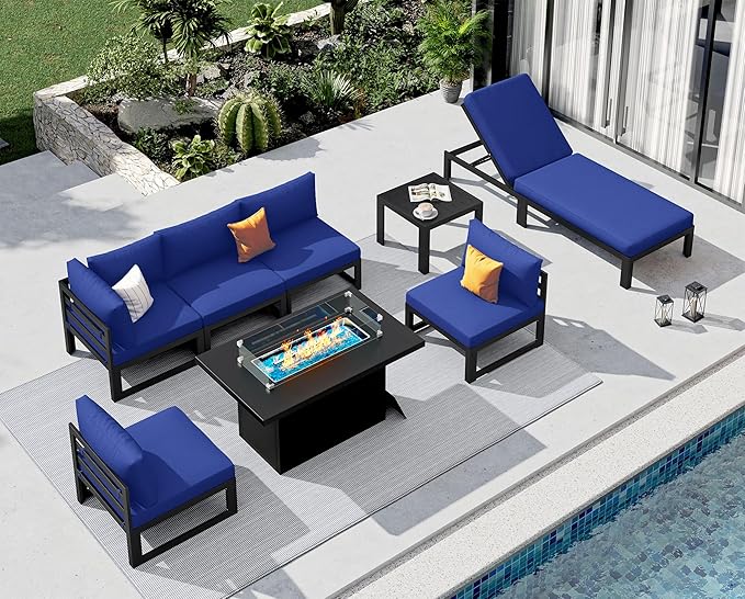 NICESOUL 8 Piece Large Modern Aluminum Patio Furniture Set, Fade Resistant Modular Outdoor Conversation Set with Lounge & Fire Pit Table, 500 lbs Durable Modular Sectional Sofa for Garden, Navy Blue