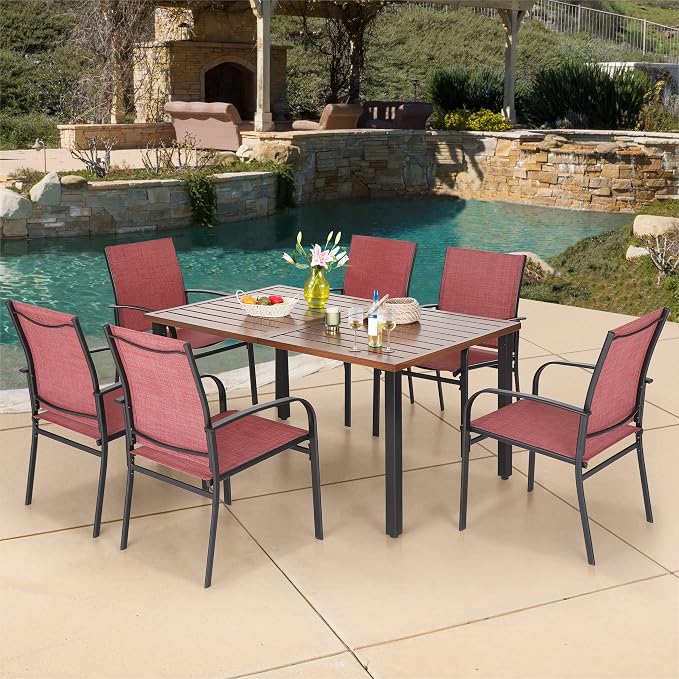 MIXPATIO Outdoor Patio Dining Table for 6, 60" x 36" Rectangular Metal Patio Dining Table with Umbrella Hole and Wood-Like Tabletop, All Weather Wrought Iron Outdoor Table for Backyard and Porch