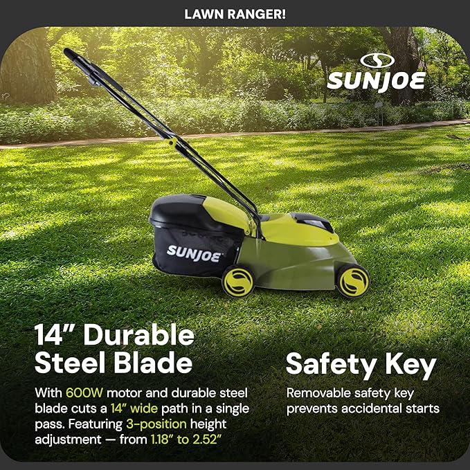 Sun Joe Walk-Behind Cordless Push Lawn Mower with 14-Inch Cutting Width, Brushless Motor, Rechargeable 4 Amp Battery and Charger, Green, 24V-MJ14C
